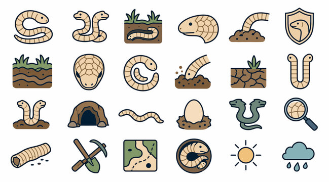 Colorful illustrated collection of worms and reptiles.