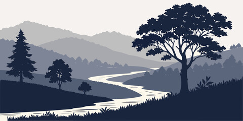 Serene river valley landscape silhouetted against snow-capped mountains at dusk silhouettes © Bf