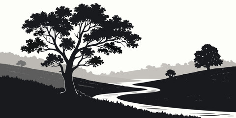 Serene river valley landscape with solitary tree silhouetted against distant mountains © Bf