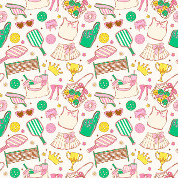 Girly Retro Pickleball Lifestyle seamless pattern sketchy hand drawn repeat background