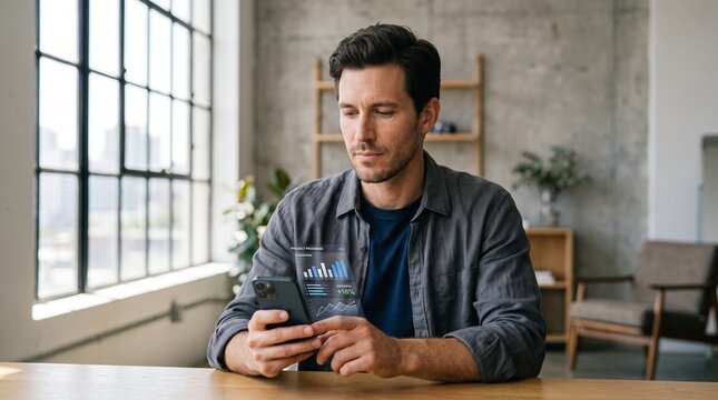 Businessman reviewing financial charts on smartphone hologram in modern home office.
