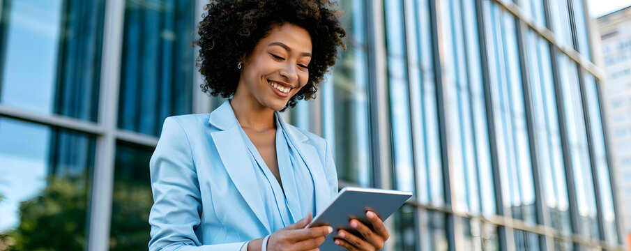 A young black woman in a light blue suit jacket uses a tablet computer outdoors near a modern glass office building. Smiling and pleased, she gazes at the screen, exuding success and optimism in her p