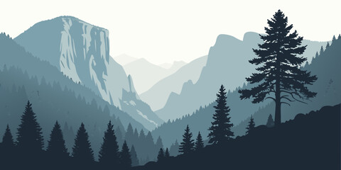 Snow-capped mountain silhouettes with pine trees at sunrise, panoramic view peak © Bf