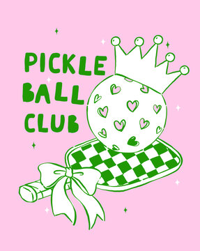 Outline Girly Pickleball Dink queen, Heart Ball on Paddle Hand Drawn, Retro Sport Club Party Lifestyle.