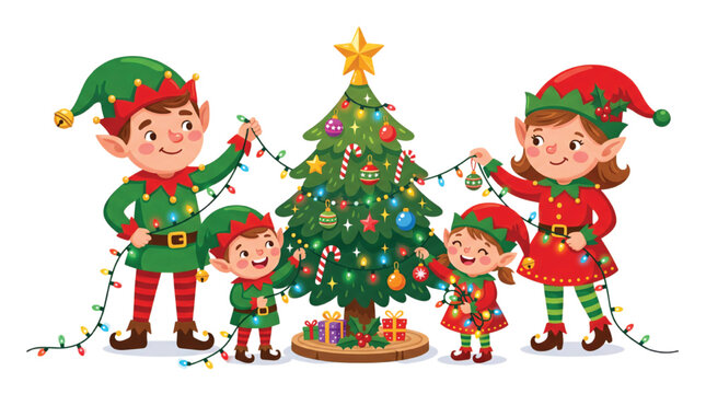 A family of elves decorating a Christmas tree with lights and ornaments together.