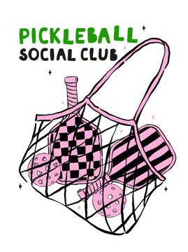 Outline Girly Pickleball paddle and ball in net bag Hand Drawn, Retro Sport Club Party Lifestyle.