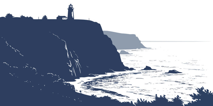 Dramatic sea cliff silhouette with lighthouse, white background, winter coastal scene