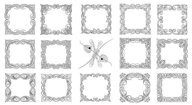 Collection of ornate vintage style black and white frames features various intricate decorative borders and flourish designs.