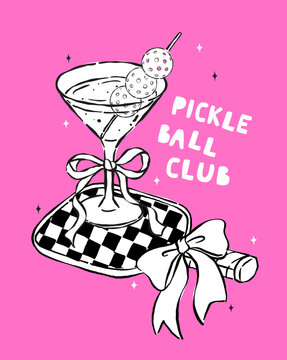 Outline Girly Pickleball Martini Drink Hand Drawn, Retro Sport Club Party Invitation
