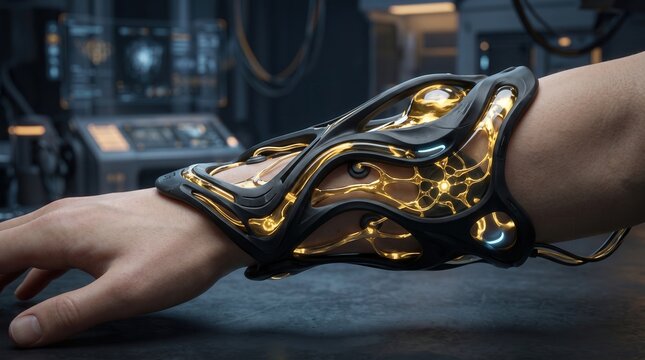 Biohacking wrist implant glowing with golden light on human arm. Futuristic laboratory equipment in blurred background.