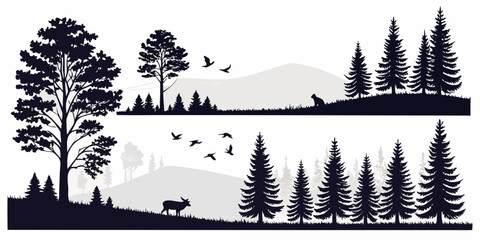 Serene forest landscape silhouettes against white background, minimalist nature trees pine © Bf