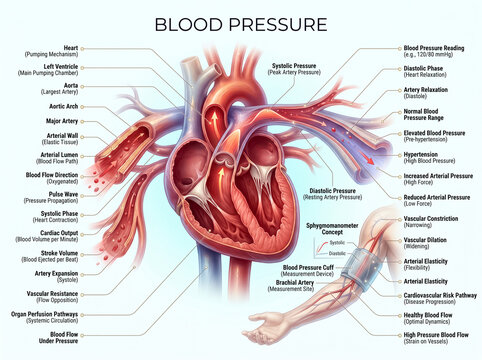 Detailed medical infographic showing human heart anatomy and blood pressure circulation mechanics with labeled parts for educational scientific research purposes