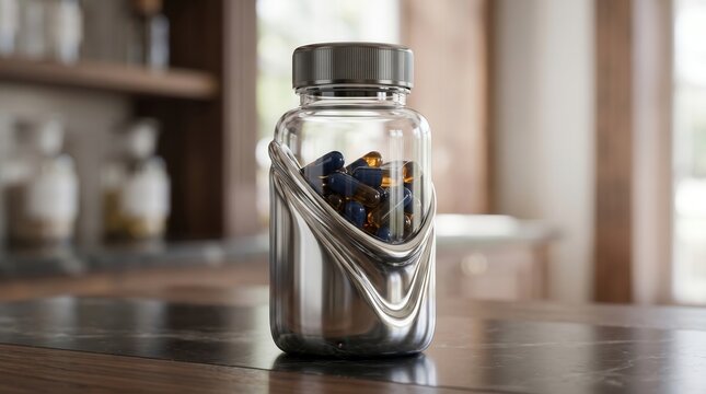 Futuristic biohacking supplement bottle with metallic details containing blue and gold capsules. Modern laboratory kitchen counter in a blurred background.
