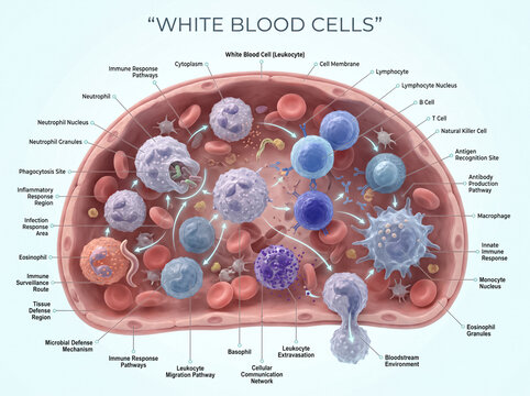 Detailed scientific diagram illustrating various types of white blood cells interacting within the human bloodstream during an active immune response