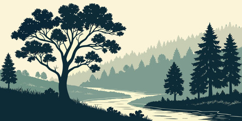 Tranquil forest river landscape with silhouetted trees and mountains at sunset © Bf