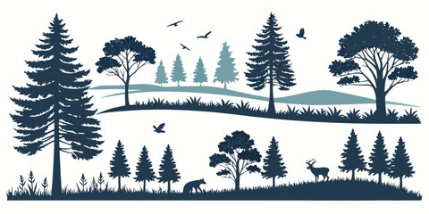 Tranquil forest landscape with tall pine trees and clear blue sky, minimalist style © Bf