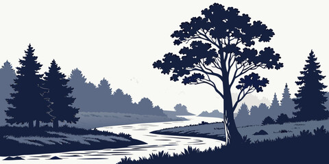 Tranquil forest river landscape with silhouetted trees and snow-capped mountains at dawn silhouettes © Bf