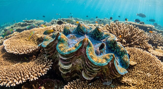 A close-up focus on a massive, ancient giant clam (Tridacna gigas) nestled among plate corals on a reef flat. The clam's mantle is wide open, displaying an incredible, iridescent undulating pattern
