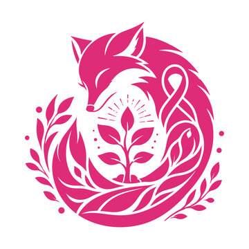 Pink fox sleeping around plant leaf vector