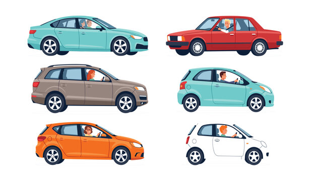 People driving cars set vehicle side view vector illustration auto transport characters flat design collection
