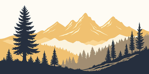 Snow-capped mountain peaks silhouetted against golden sunrise sky with pine forest foreground golden sky © Bf