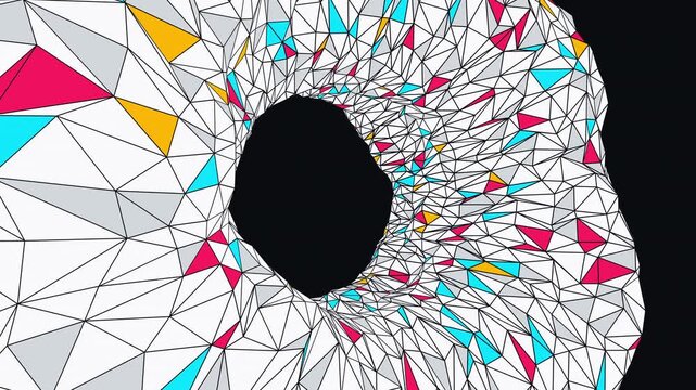 seamless loop of a three-dimensional geometric torus with displacing triangular facets in vibrant accents against a dark space, serving as a modern abstract motion background.