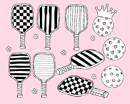 Outline Girly Pickleball Paddles and Balls Hand Drawn Set, Retro pickle ball elements collection