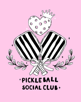 Outline Girly Pickleball Paddle and Heart Ball Logo Hand Drawn, Retro Sport Social Club Party Lifestyle.