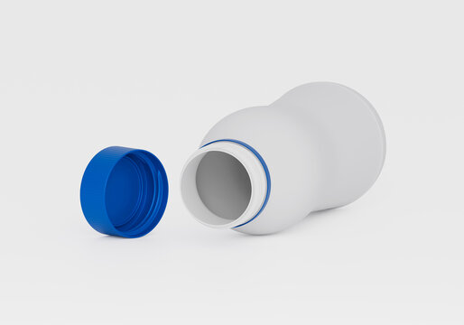 opened white plastic bottle with blue cap