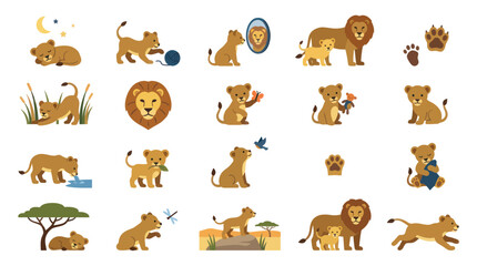 Obraz premium Cute Lion Cubs and Lions Illustrations - Flat Design Style Vector Art