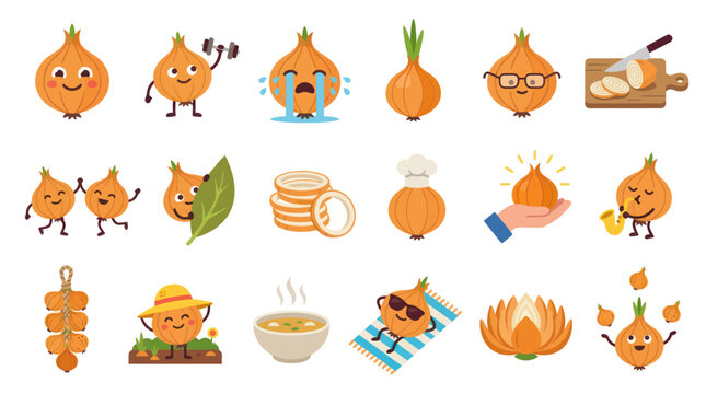 Food and Cooking Industry: Cute Cartoon Onions Flat Vector Illustration Collection