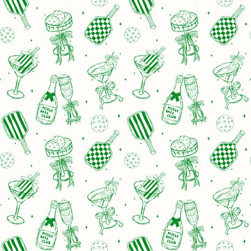 Outline Retro Girly Pickleball drinks seamless pattern sketchy hand drawn repeat background