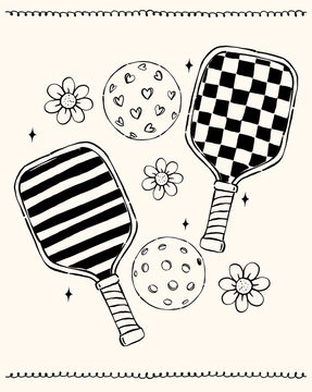 Outline Retro Girly Pickleball Paddles and Balls Hand Drawn Set,pickle ball elements collection