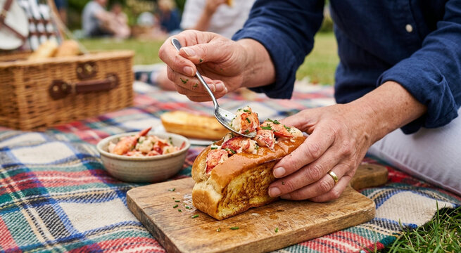 Hands preparing a fresh seafood lobster roll on a rustic cutting board during a vibrant outdoor summer picnic.