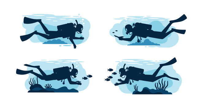 Set of scuba diver silhouettes swimming in different underwater scenes featuring sea life, coral reefs, and small fish.