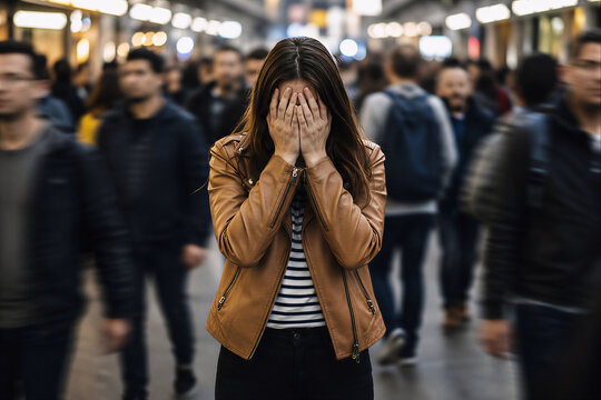 Young woman covering face in busy crowd anxiety and mental health concept