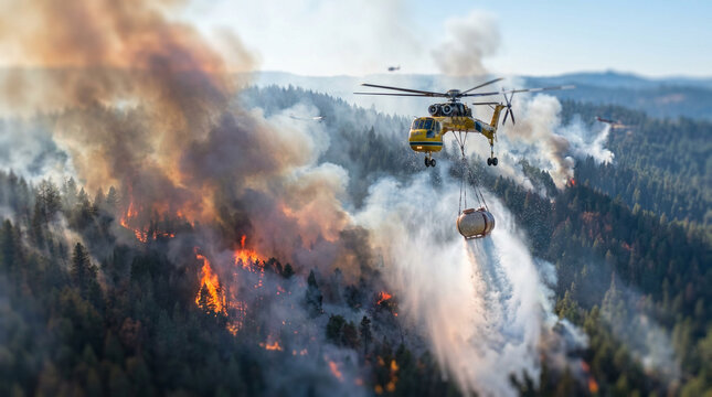 Firefighting helicopter dropping water on massive forest fire in woodland hills during aerial wildfire suppression operation