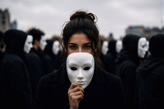 Woman holding white mask in crowd for identity and anonymity concept