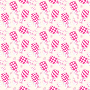 Outline Retro Girly Pickleball with Ribbon Bow seamless pattern sketchy hand drawn repeat background