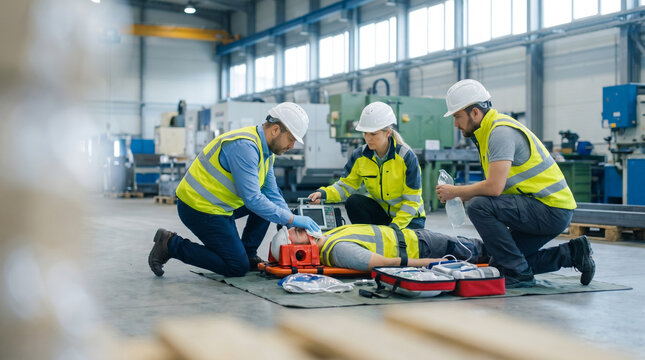 First aid response to workplace accident in manufacturing plant as colleagues give emergency medical assistance to unconscious worker