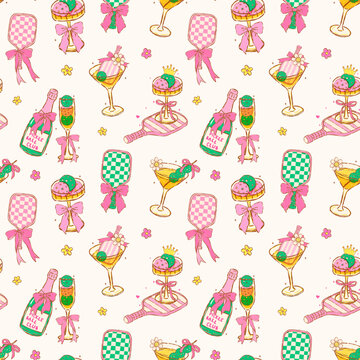 Retro Girly Pickleball drinks seamless pattern sketchy hand drawn repeat background