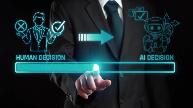 This image illustrates the contrast between human decision and AI decision-making, emphasizing technology impact on business processes and innovation in a digital age. Liminal