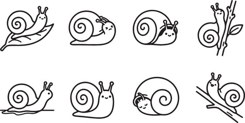 Obraz premium Minimalist snail icon set, cute cartoon garden snails in various poses, 8 black and white vector line art illustrations for nature branding isolated on Transparent Background