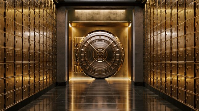 Luxury vault corridor with gold safe deposit boxes, no people
