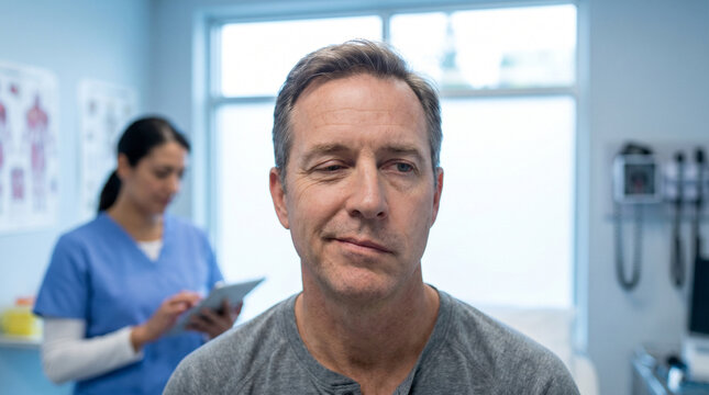 Middle aged man with facial paralysis and drooping eyelid showing possible Bell palsy or stroke symptom for medical awareness