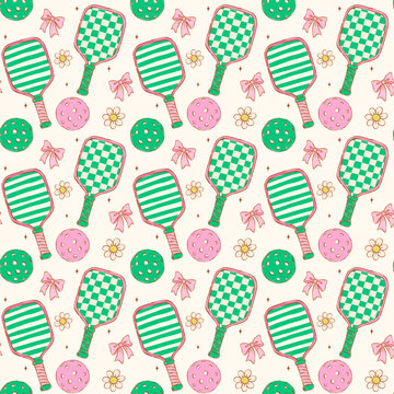 Retro Girly Pickleball seamless pattern sketchy hand drawn repeat background
