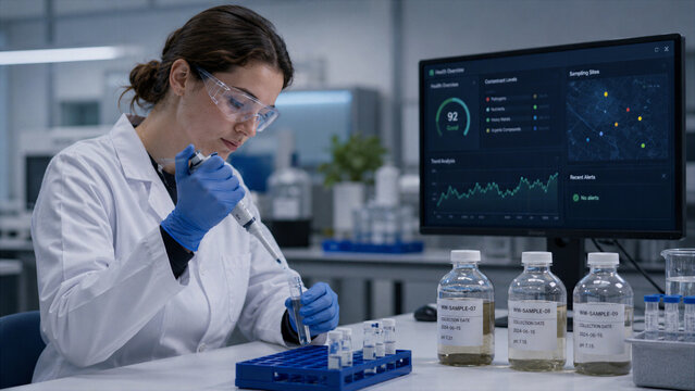 Scientist conducts experiments in a laboratory using pipette to sample liquid in vials while computer displays data analysis