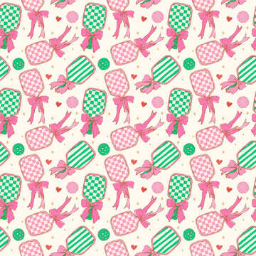 Retro Girly Pickleball with Ribbon Bow seamless pattern sketchy hand drawn repeat background