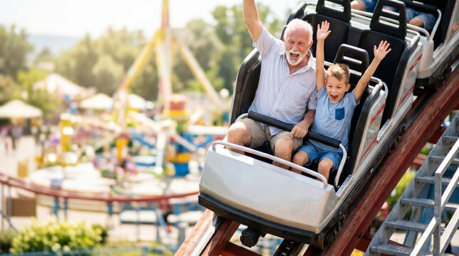 Screaming grandfather and grandson enjoy a roller coaster ride at an amusement park during summer vacation family fun