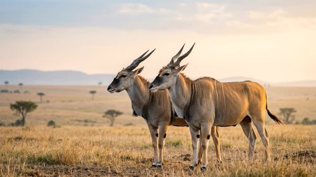 two giant eland close up in serengeti savanna at golden light video